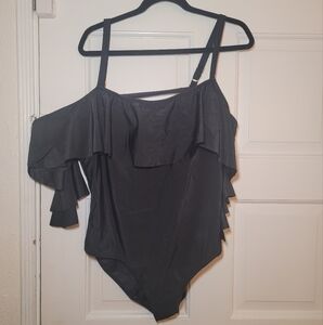 Rose Gal Black One Piece Swimsuit Vintage Off Shoulder Ruffled Bathing Suit
